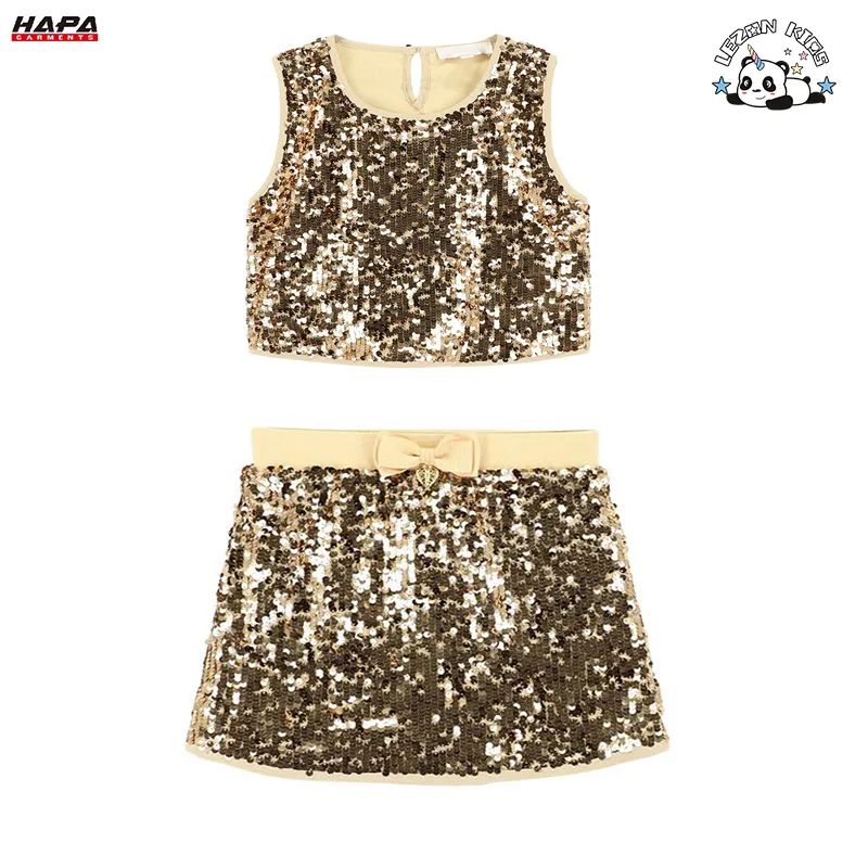 LEZONKIDS - Conjuntos de Roupas de Meninas Brilhantes Personalizadas Colete de Cor Dourada com Saia Conjuntos de Roupas de Meninas com Lantejoulas para 2-12T